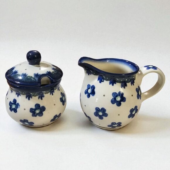 Polish Pottery Small Sugar and Creamer in Hard to Find Falling Daisies Pattern - Picture 3 of 13